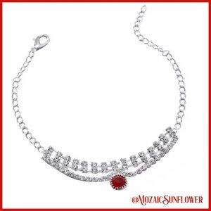 Ankle Bracelet Silver Red CZ Solitaire and White CZ's Lobster Clasp Closure